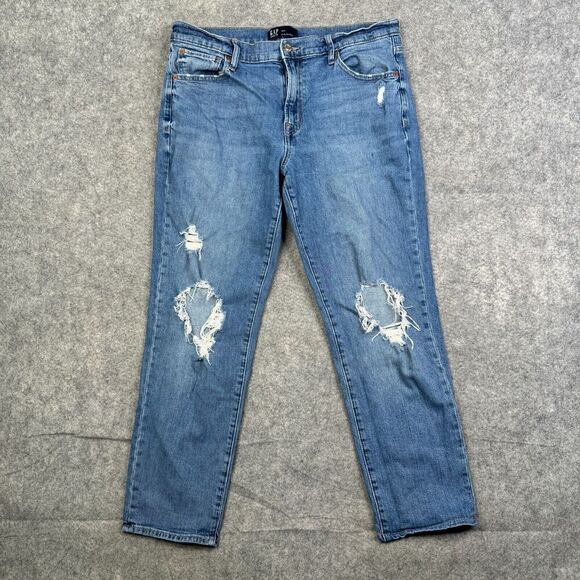 GAP Girlfriend Jeans Size 12 x 31 Mid Rise Tapered Leg Stretch Distressed - Picture 1 of 12